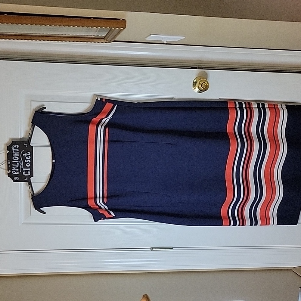 Maya Brooke 16W Dress Navy Coral White Stripe Sleeveless